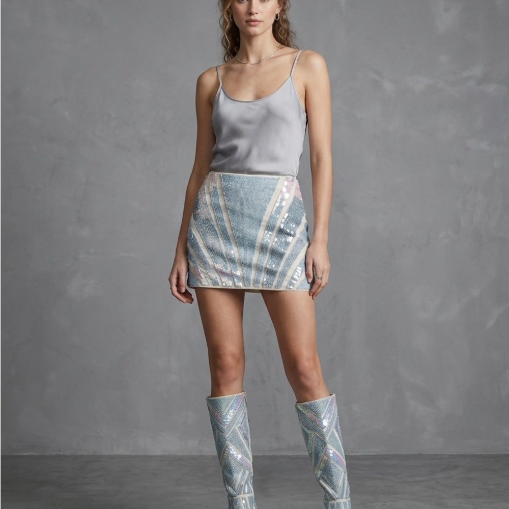 Marciano Iridescent Sequin Mini Skirt in Light Blue and Cream